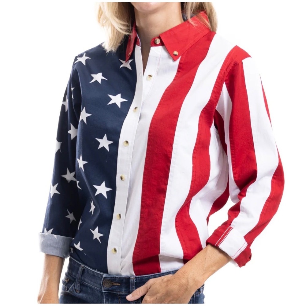 American Summer Flag Shirt Stars Stripes Patriotic XL USA Western Preppy Patriot